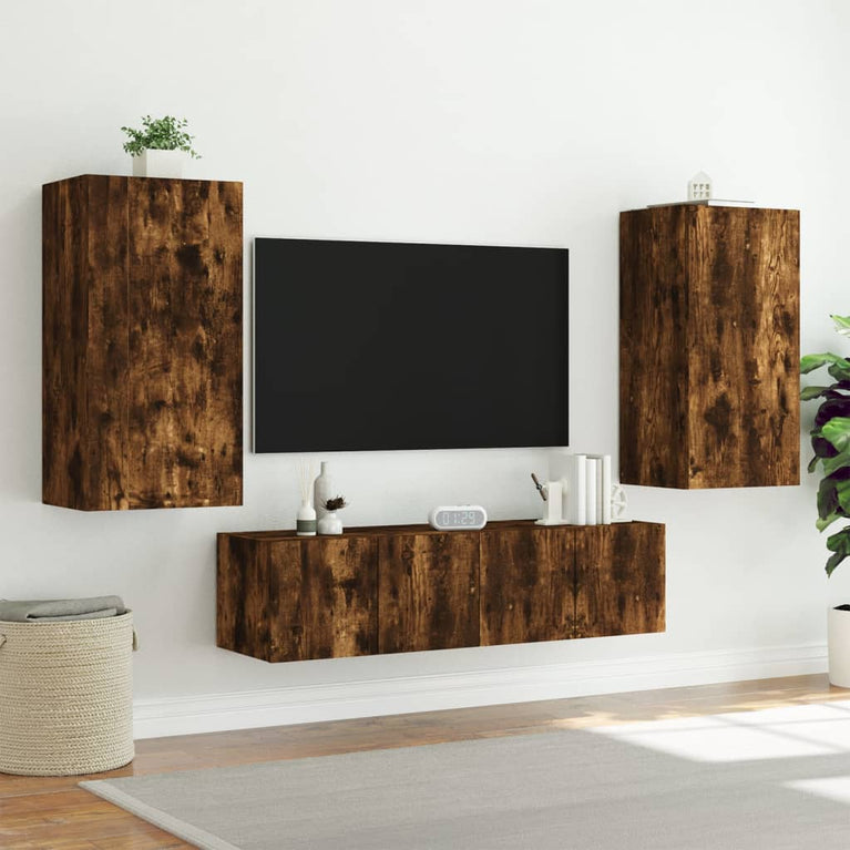 8-delige tv-wandmeubelset met LED bewerkt hout gerookt eiken
