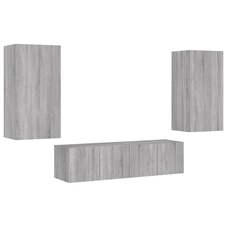 4-delige Tv-wandmeubelset met LED bewerkt hout grijs sonoma