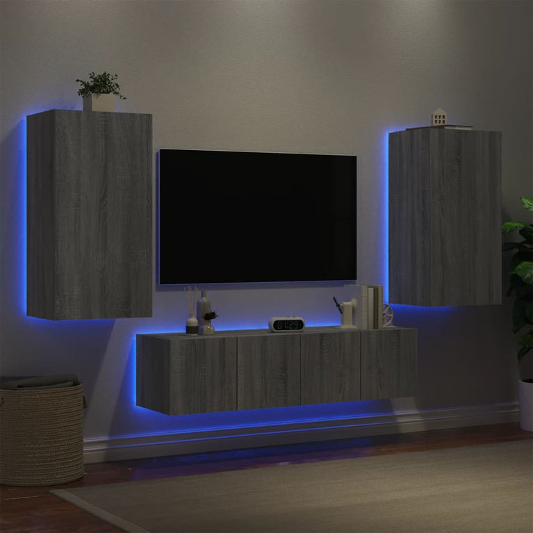 4-delige Tv-wandmeubelset met LED bewerkt hout grijs sonoma
