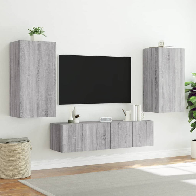 4-delige Tv-wandmeubelset met LED bewerkt hout grijs sonoma