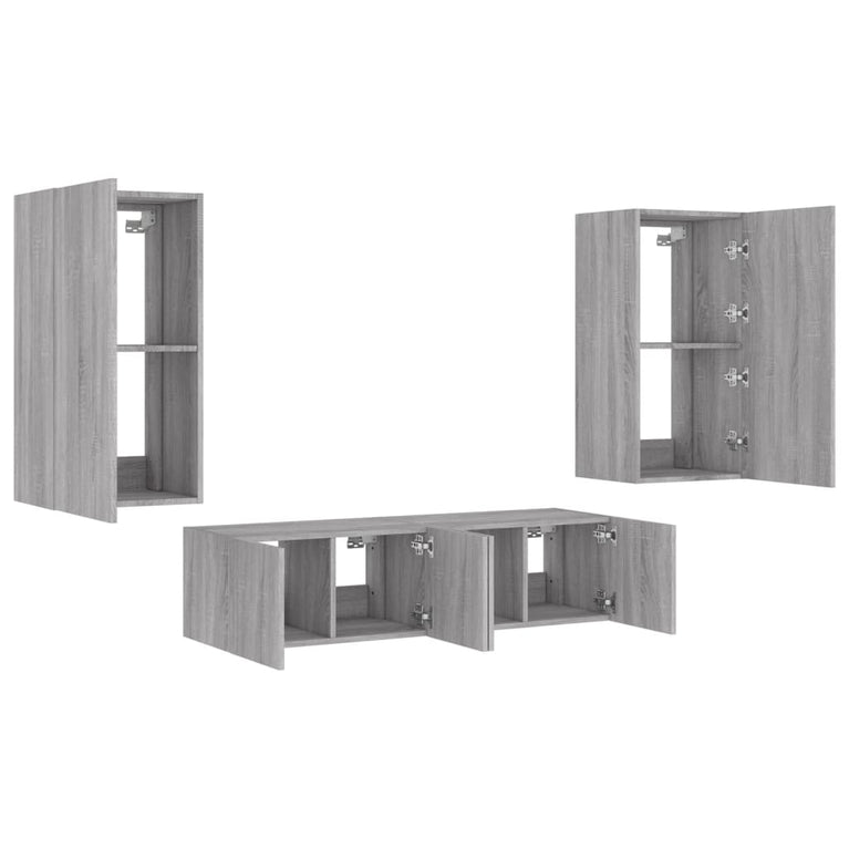 4-delige Tv-wandmeubelset met LED bewerkt hout grijs sonoma