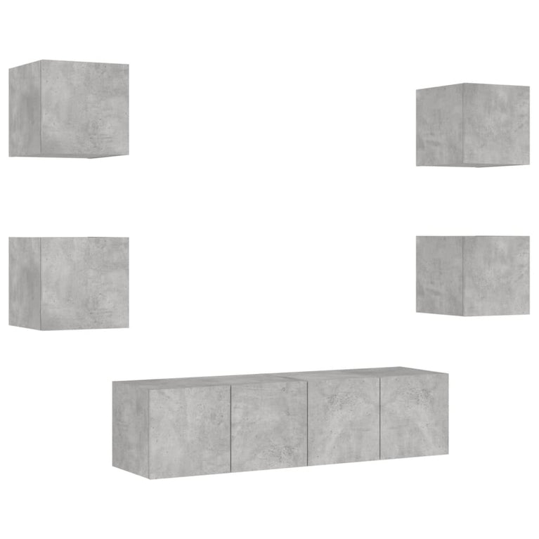 6-delige Tv-wandmeubelset met LED bewerkt hout betongrijs