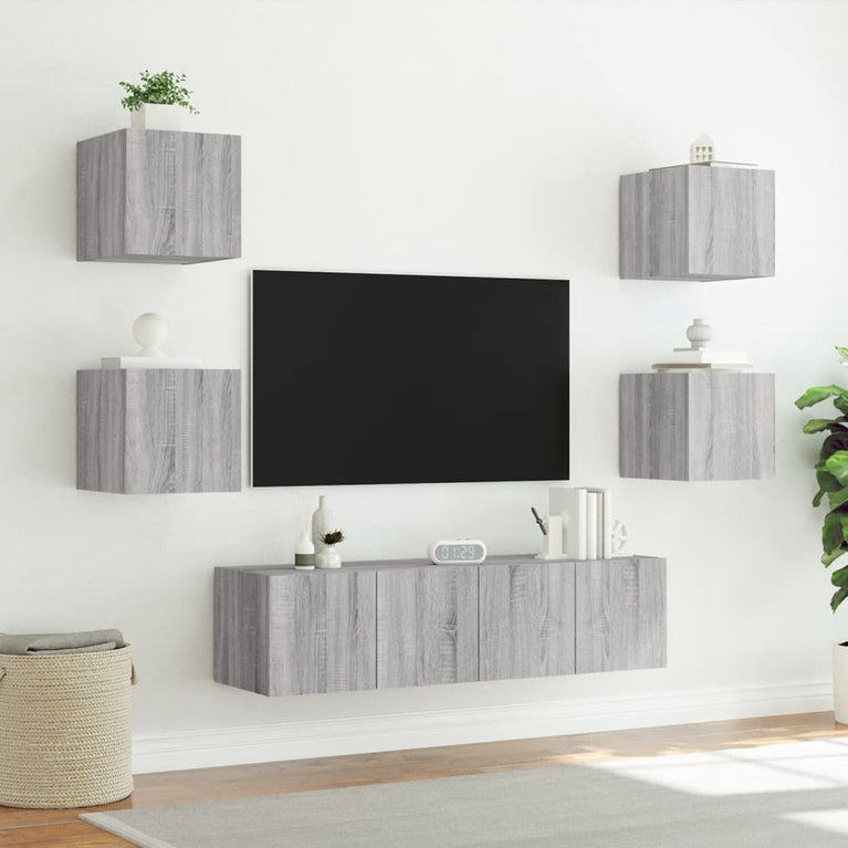 6-delige Tv-wandmeubelset met LED grijs sonoma eikenkleurig