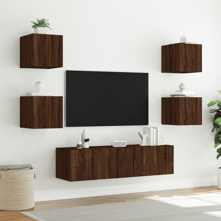 6-delige Tv-wandmeubelset met LED bewerkt hout bruineikenkleur