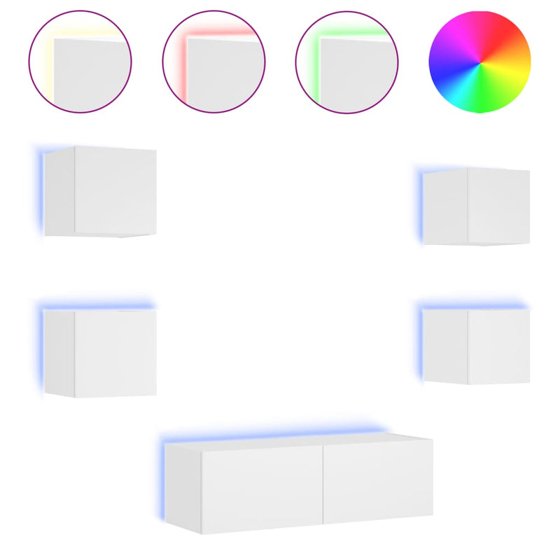 5-delige tv-wandmeubelset met LED-verlichting wit