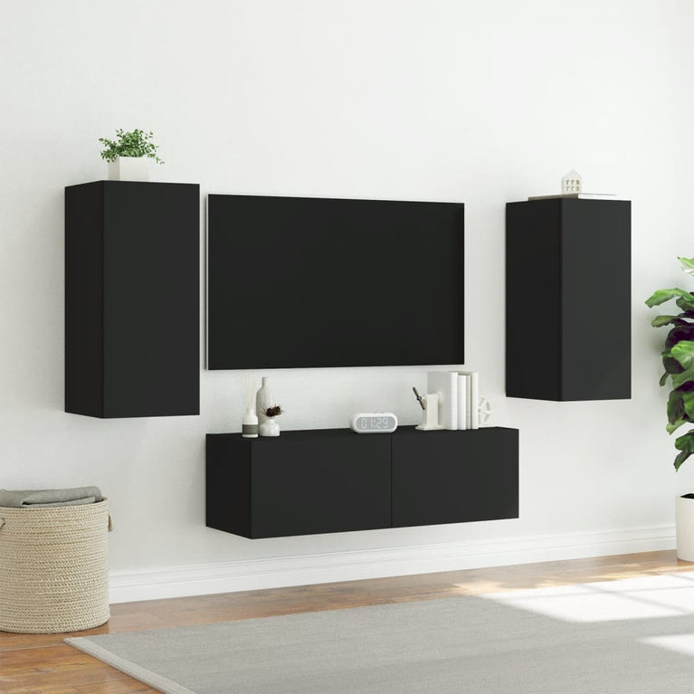 3-delige tv-wandmeubelset met LED-verlichting zwart