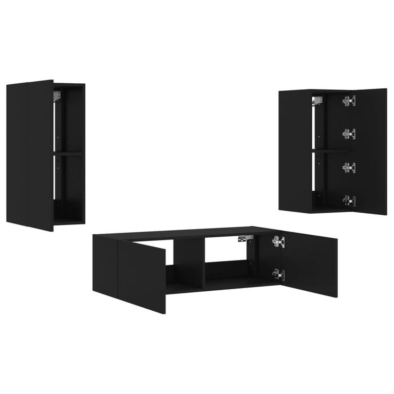 3-delige tv-wandmeubelset met LED-verlichting zwart