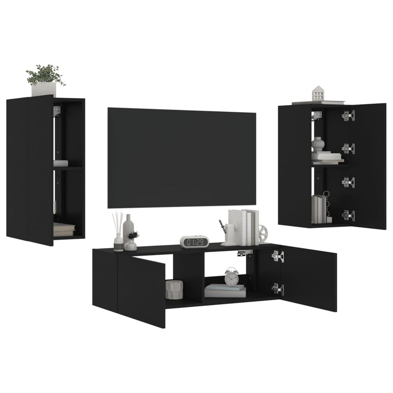 3-delige tv-wandmeubelset met LED-verlichting zwart