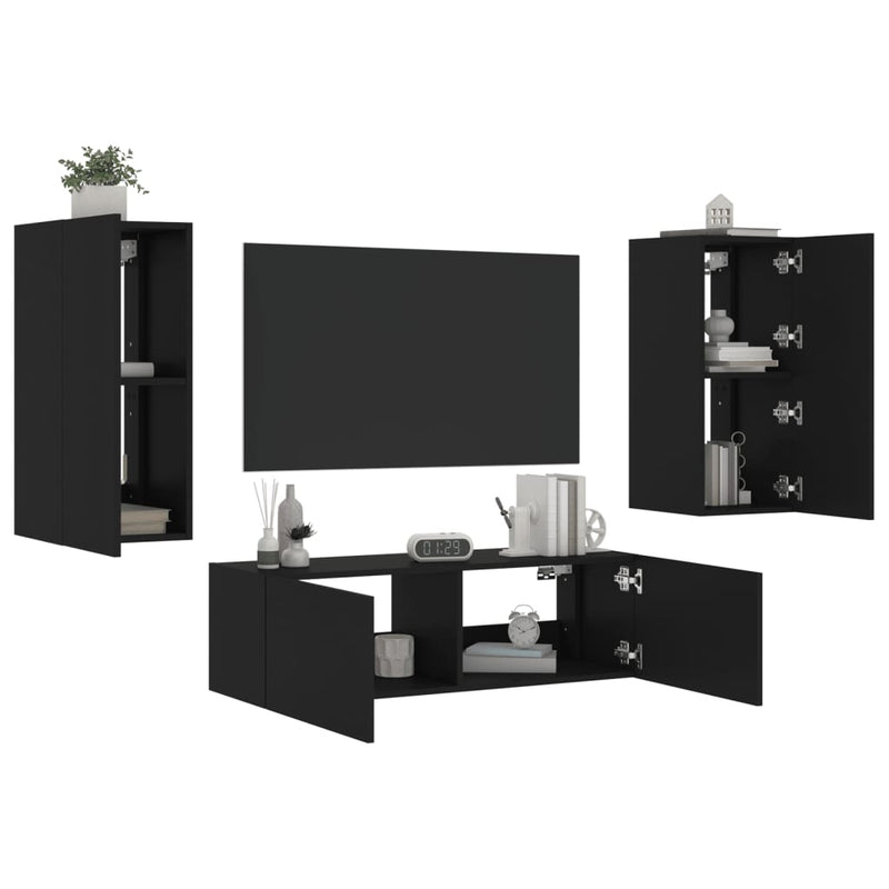 3-delige tv-wandmeubelset met LED-verlichting zwart