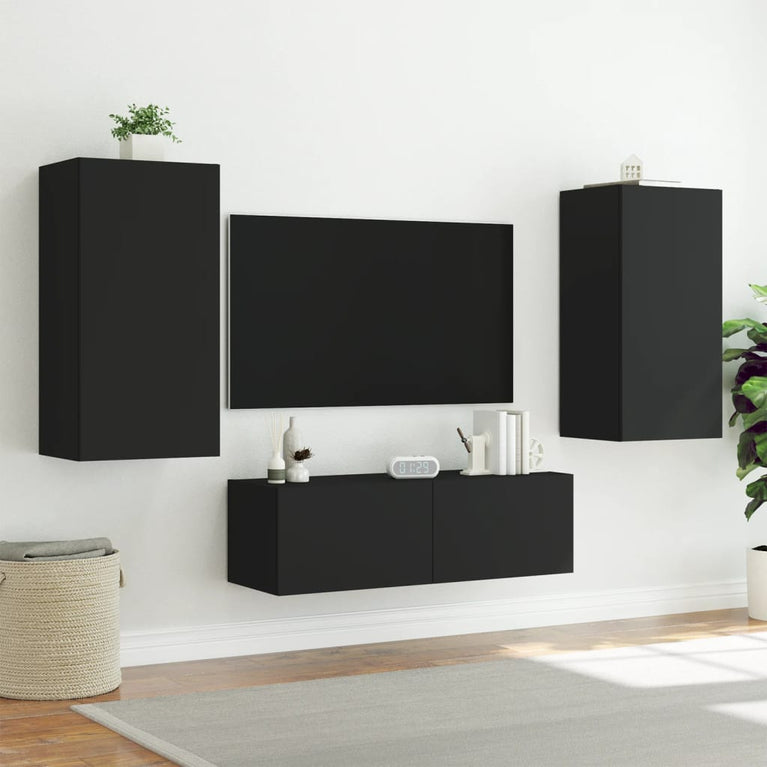 3-delige tv-wandmeubelset met LED-verlichting zwart