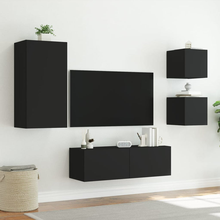 4-delige tv-wandmeubelset met LED-verlichting zwart