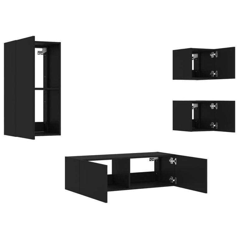 4-delige tv-wandmeubelset met LED-verlichting zwart