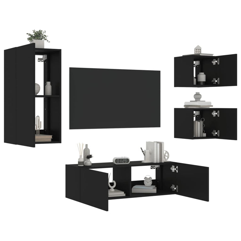 4-delige tv-wandmeubelset met LED-verlichting zwart
