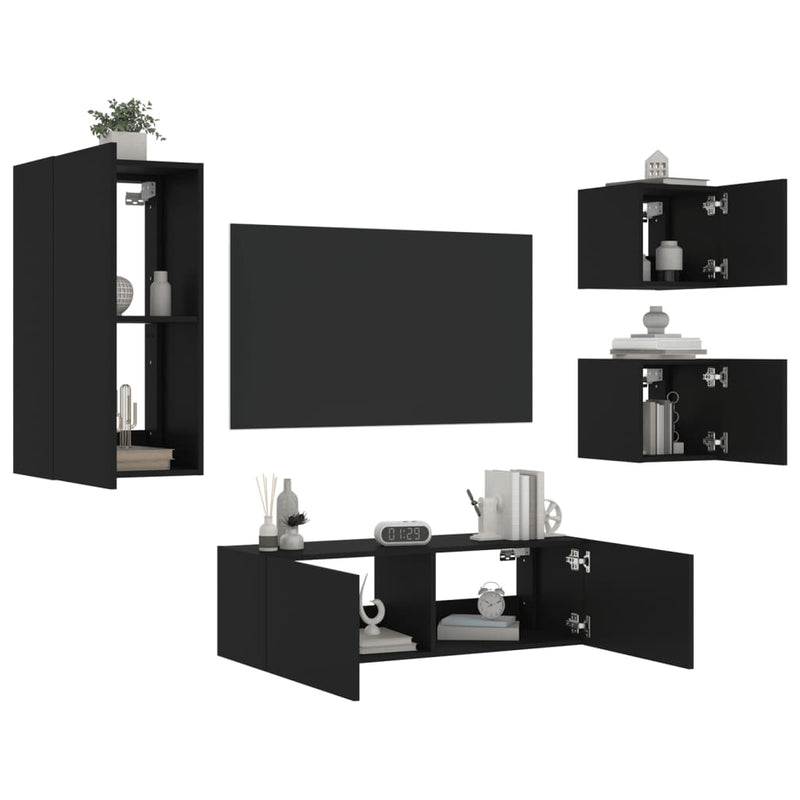 4-delige tv-wandmeubelset met LED-verlichting zwart