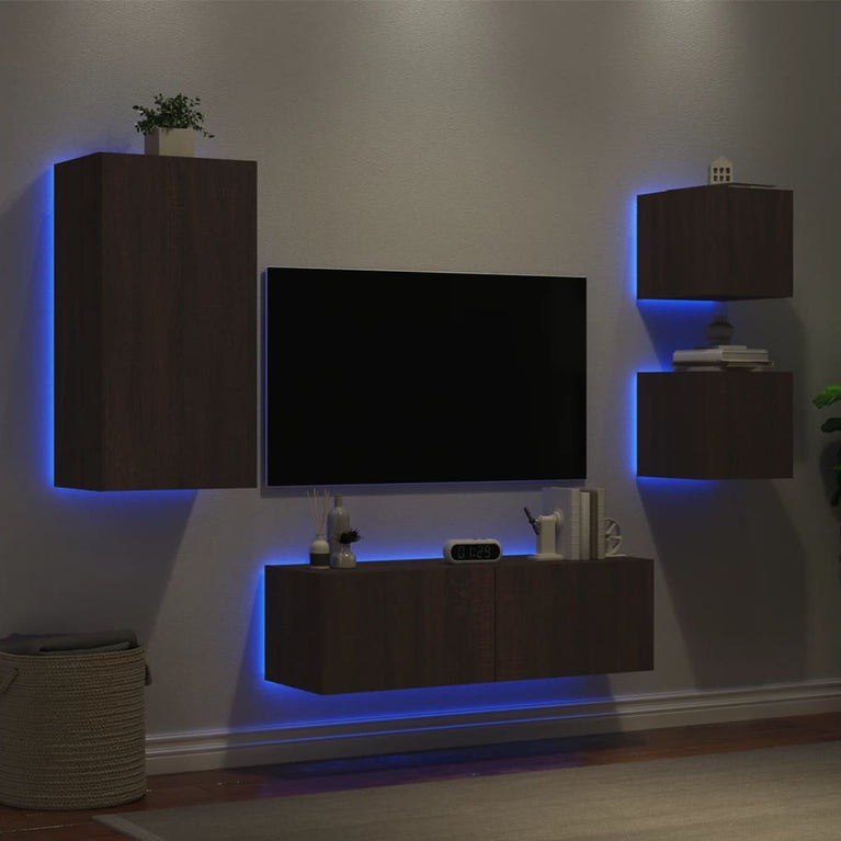 4-delige tv-wandmeubelset met LED-verlichting bruineikenkleurig