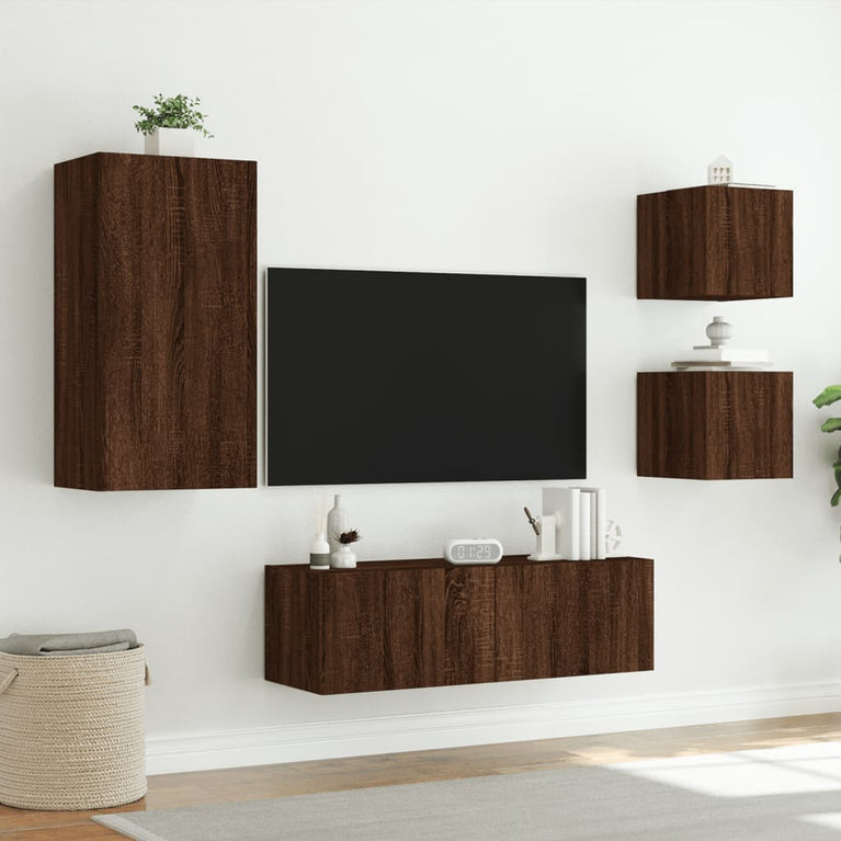 4-delige tv-wandmeubelset met LED-verlichting bruineikenkleurig