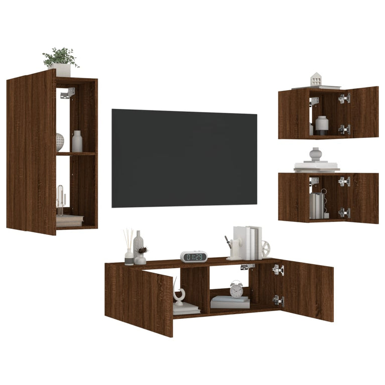 4-delige tv-wandmeubelset met LED-verlichting bruineikenkleurig