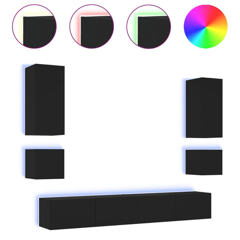 6-delige tv-wandmeubelset met LED-verlichting zwart