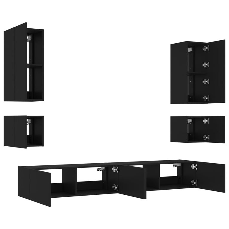 6-delige tv-wandmeubelset met LED-verlichting zwart