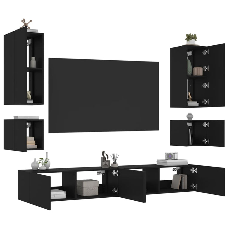 6-delige tv-wandmeubelset met LED-verlichting zwart
