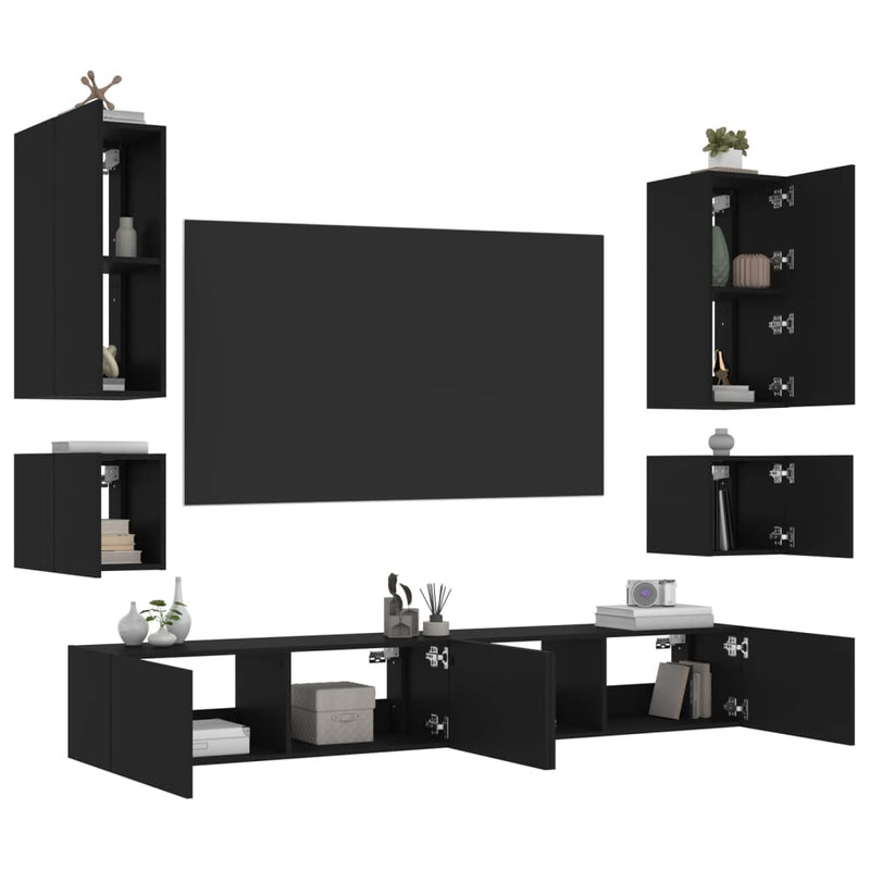 6-delige tv-wandmeubelset met LED-verlichting zwart