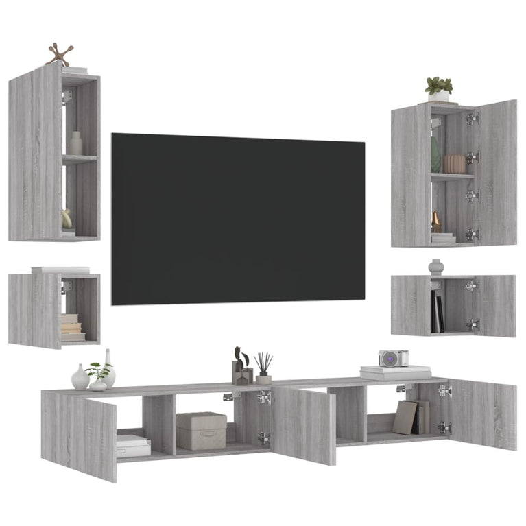 6-delige tv-wandmeubelset met LED-verlichting grijs sonoma