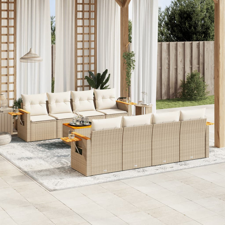 9-delige Loungeset met kussens poly rattan beige