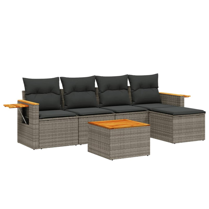 6-delige Loungeset met kussens poly rattan grijs