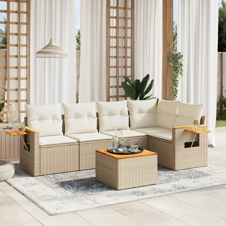 6-delige Loungeset met kussens poly rattan beige