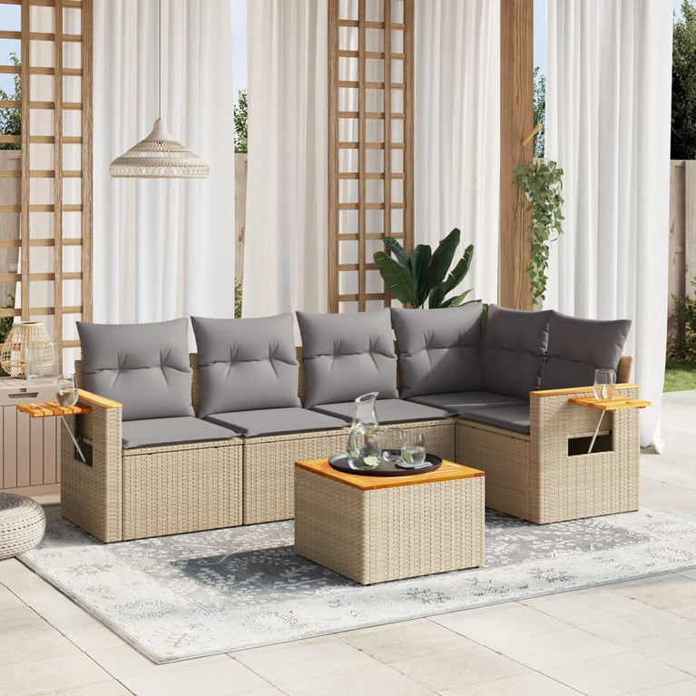 6-delige Loungeset met kussens poly rattan beige