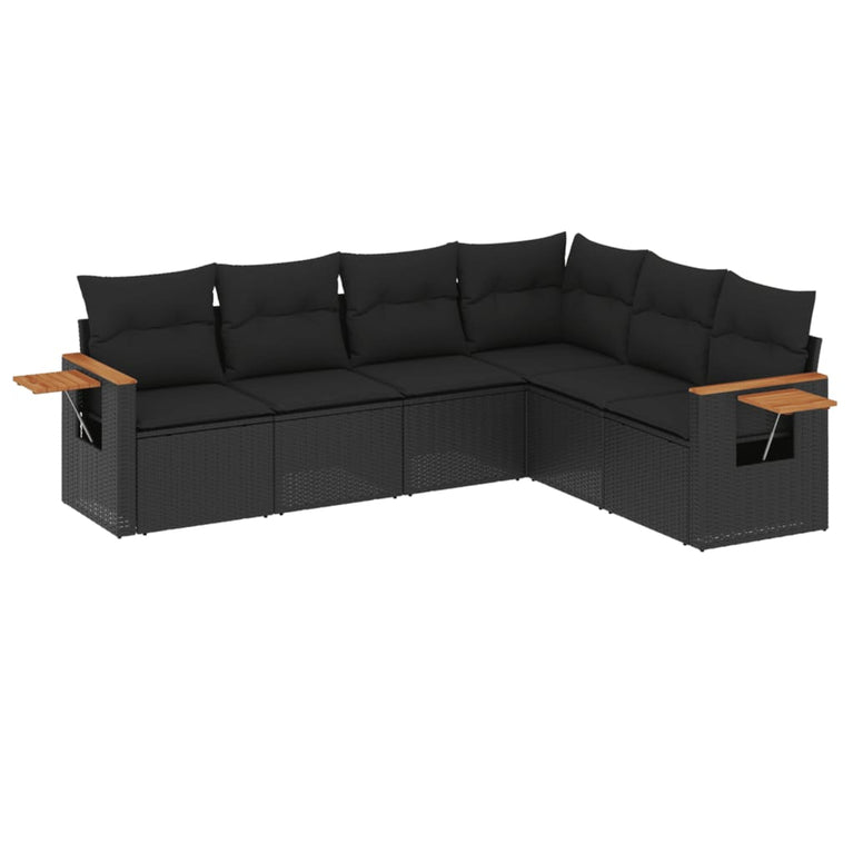 6-delige Loungeset met kussens poly rattan zwart