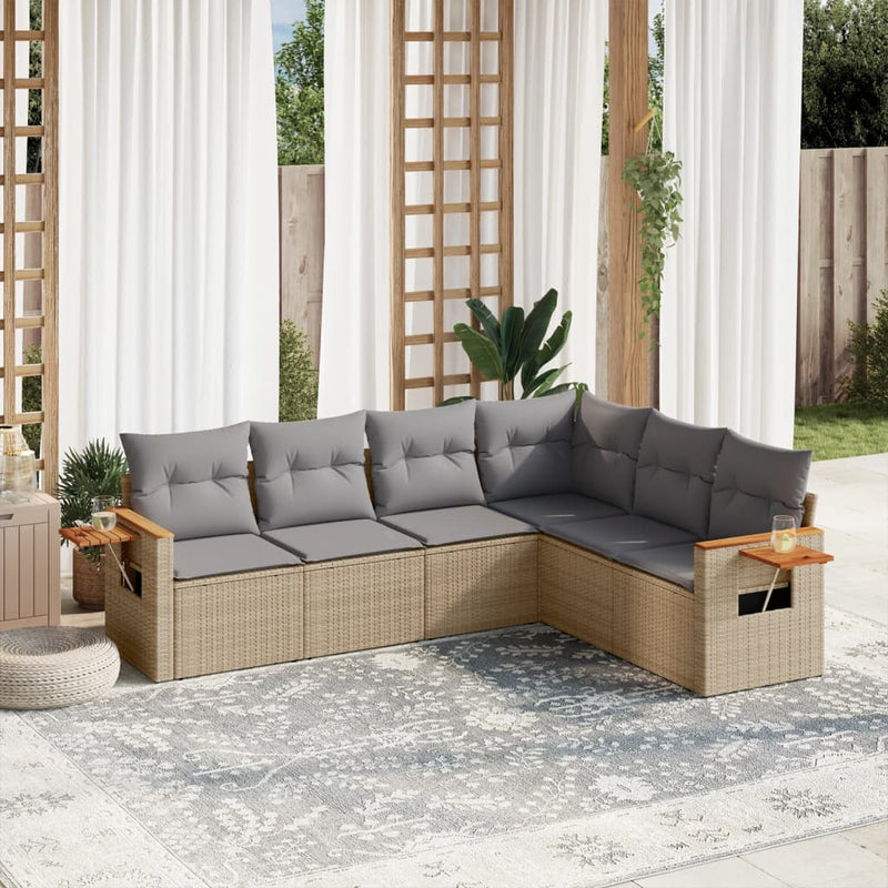 6-delige Loungeset met kussens poly rattan beige