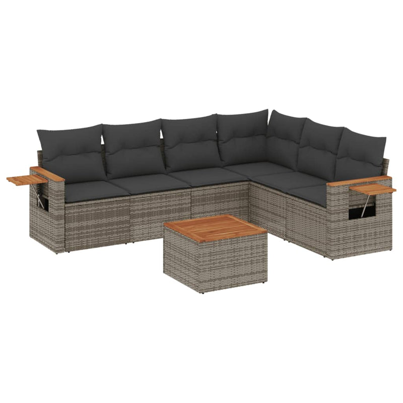 7-delige Loungeset met kussens poly rattan grijs