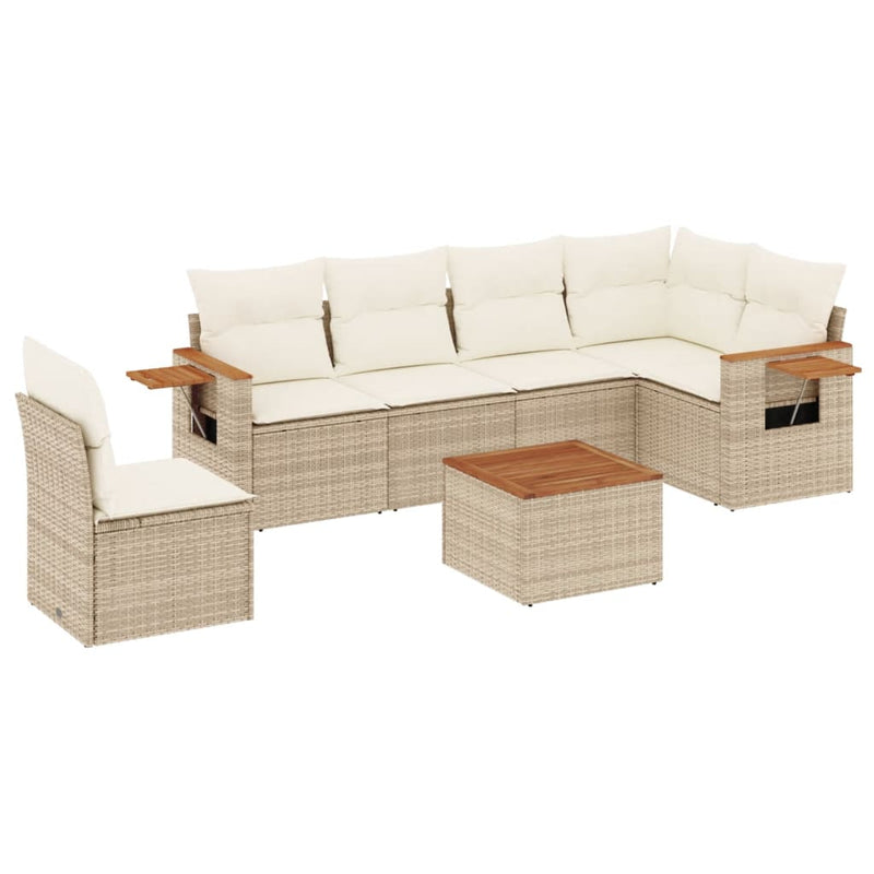 7-delige Loungeset met kussens poly rattan beige