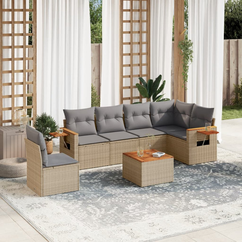 7-delige Loungeset met kussens poly rattan beige