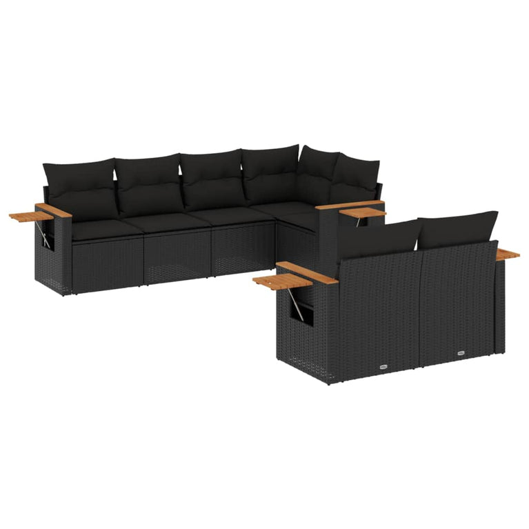 7-delige Loungeset met kussens poly rattan zwart