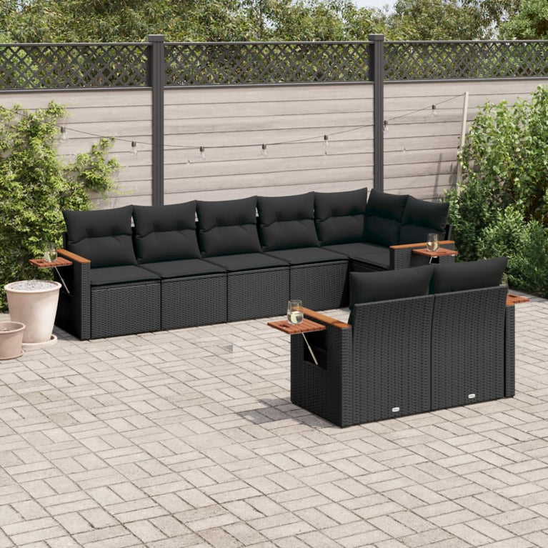 8-delige Loungeset met kussens poly rattan zwart