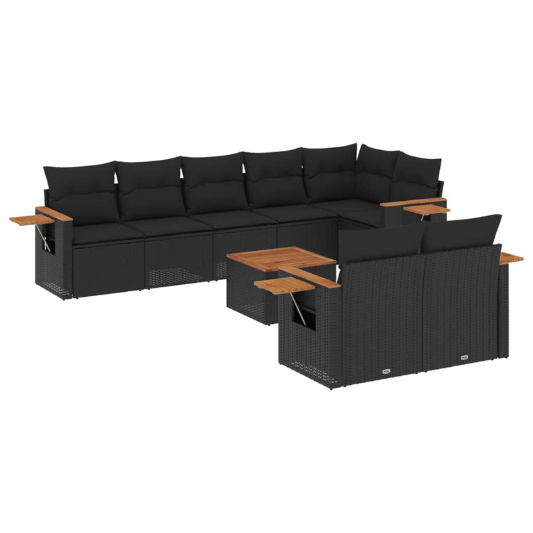 9-delige Loungeset met kussens poly rattan zwart