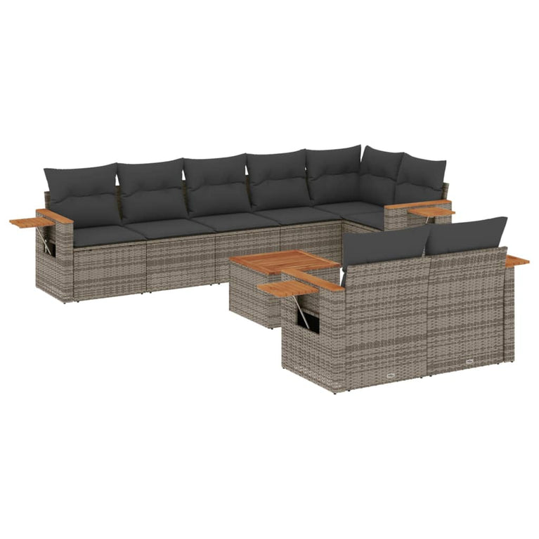 9-delige Loungeset met kussens poly rattan grijs