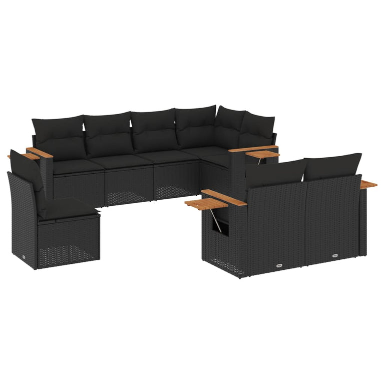8-delige Loungeset met kussens poly rattan zwart