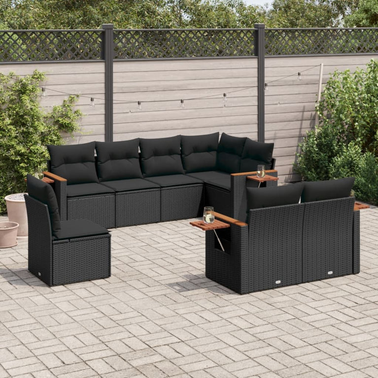 8-delige Loungeset met kussens poly rattan zwart