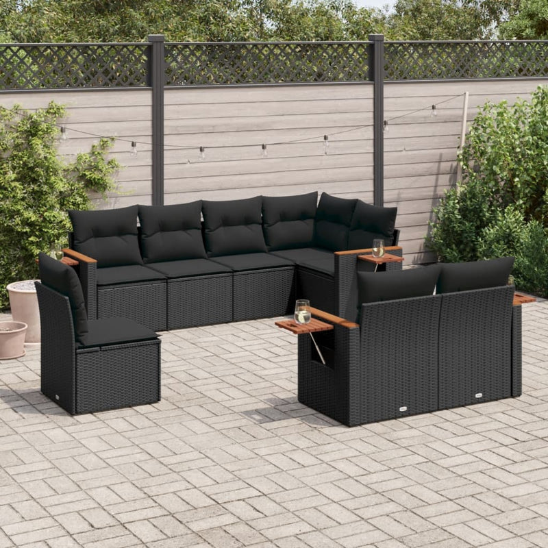 8-delige Loungeset met kussens poly rattan zwart