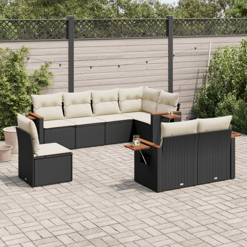 8-delige Loungeset met kussens poly rattan zwart