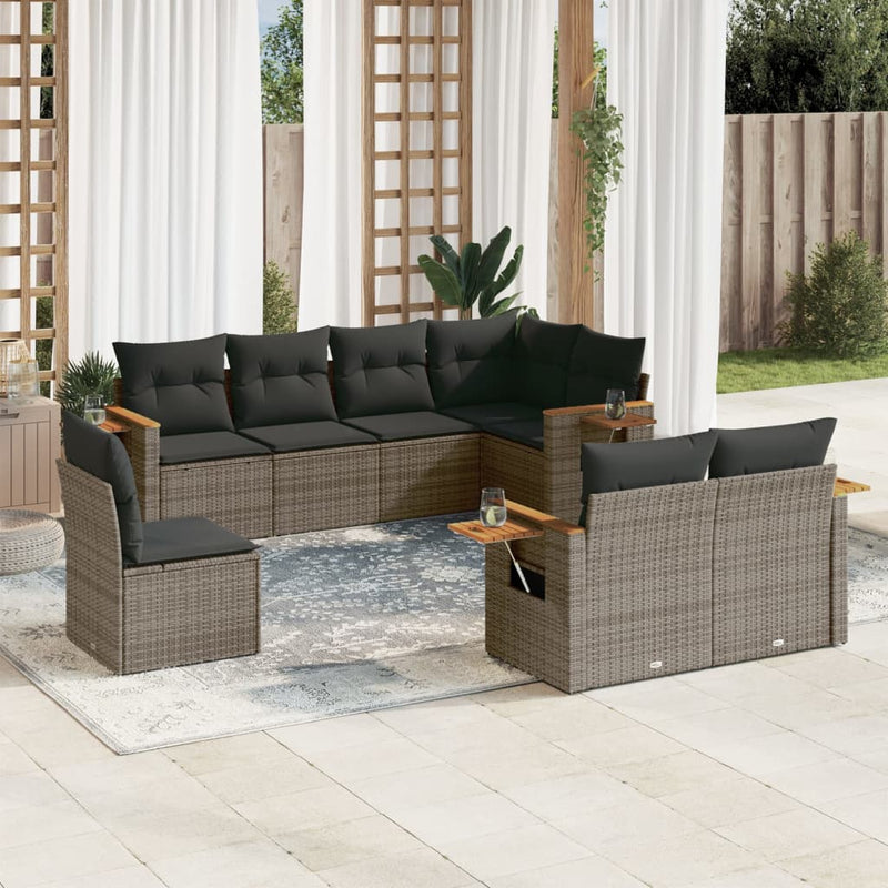 8-delige Loungeset met kussens poly rattan grijs