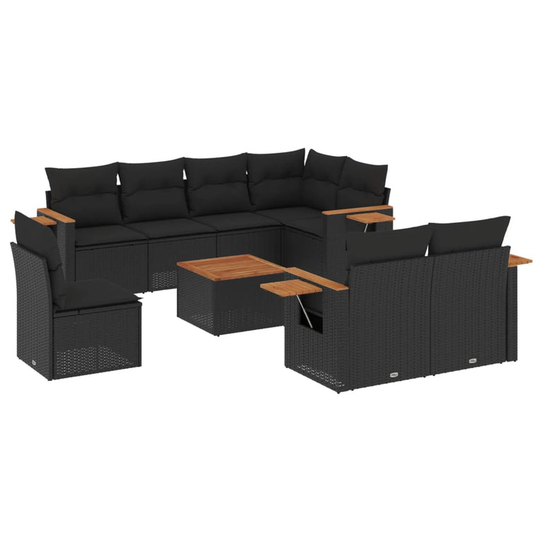 9-delige Loungeset met kussens poly rattan zwart