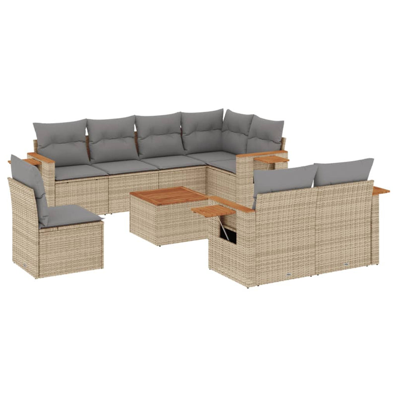 9-delige Loungeset met kussens poly rattan beige