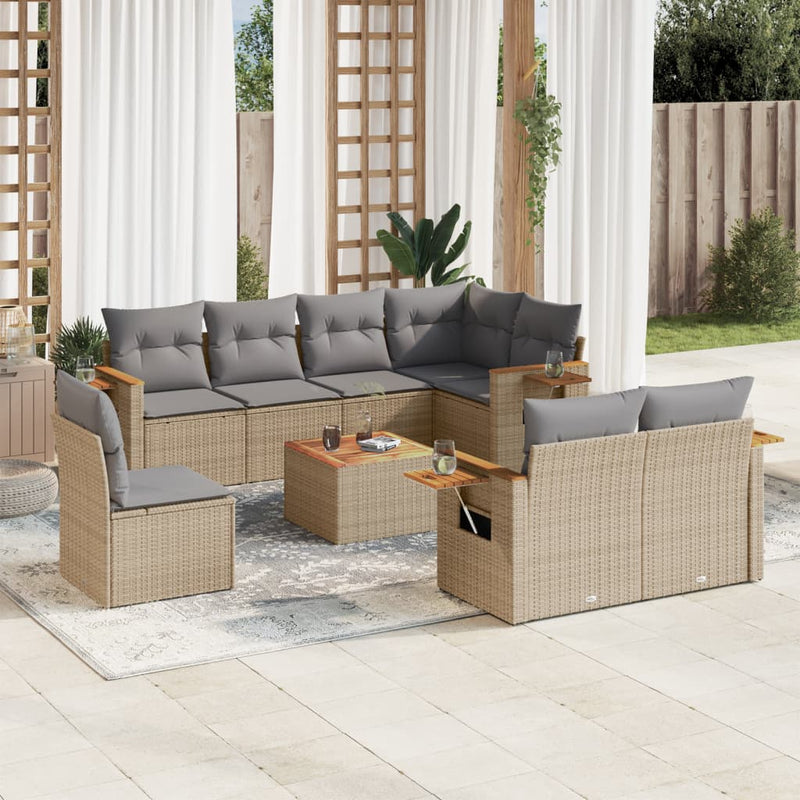 9-delige Loungeset met kussens poly rattan beige