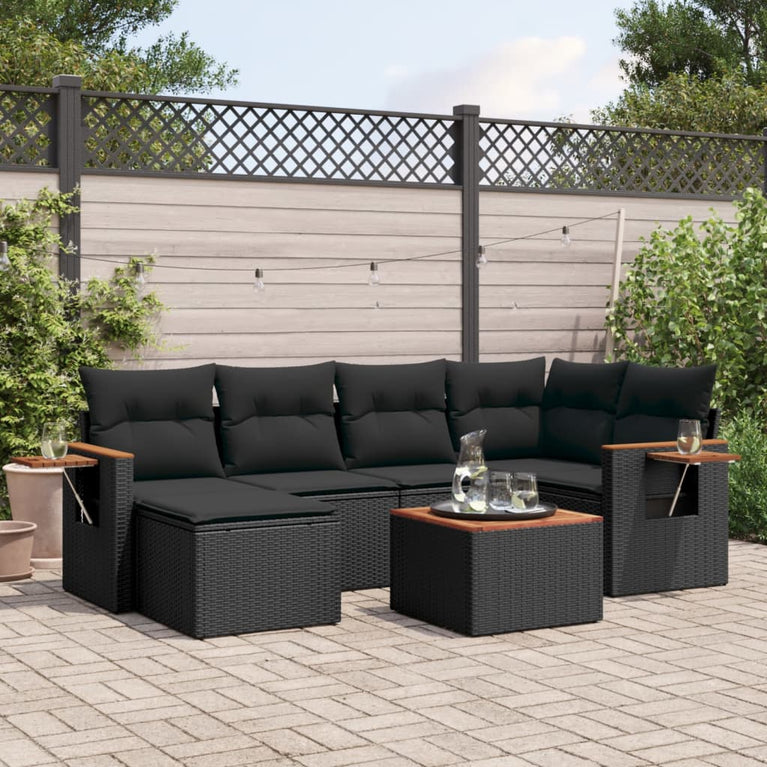 7-delige Loungeset met kussens poly rattan zwart