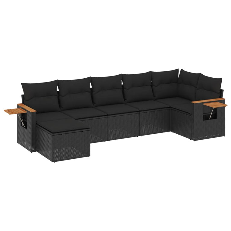 7-delige Loungeset met kussens poly rattan zwart