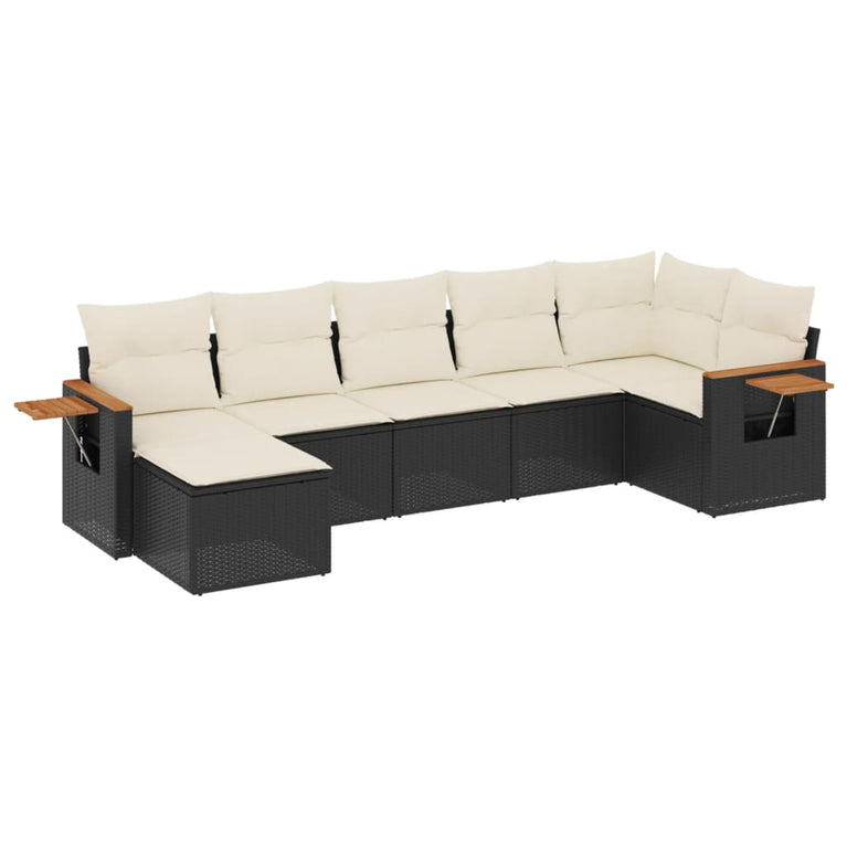 7-delige Loungeset met kussens poly rattan zwart